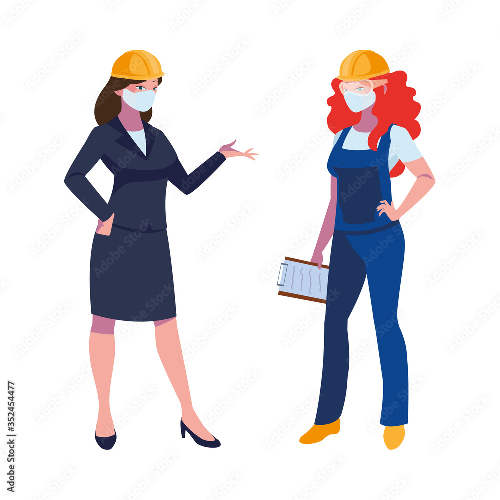 industrial women workers with face masks industrial women workers with face masks