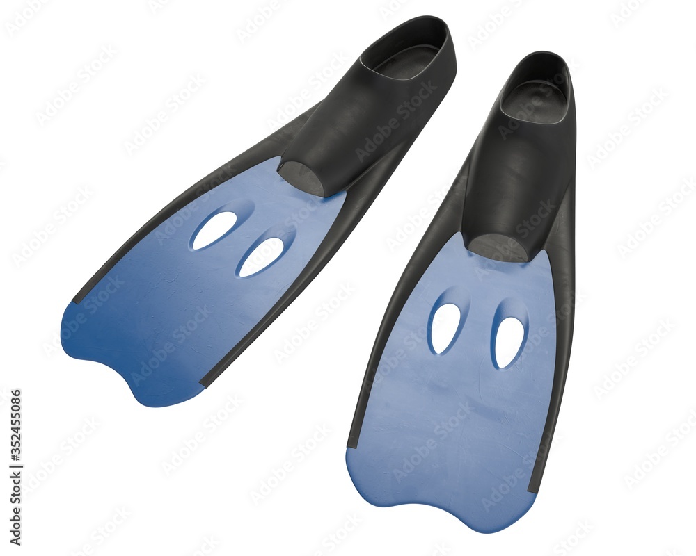 3D render of blue diver flippers isolated on white 3D render of blue diver flippers isolated on white
