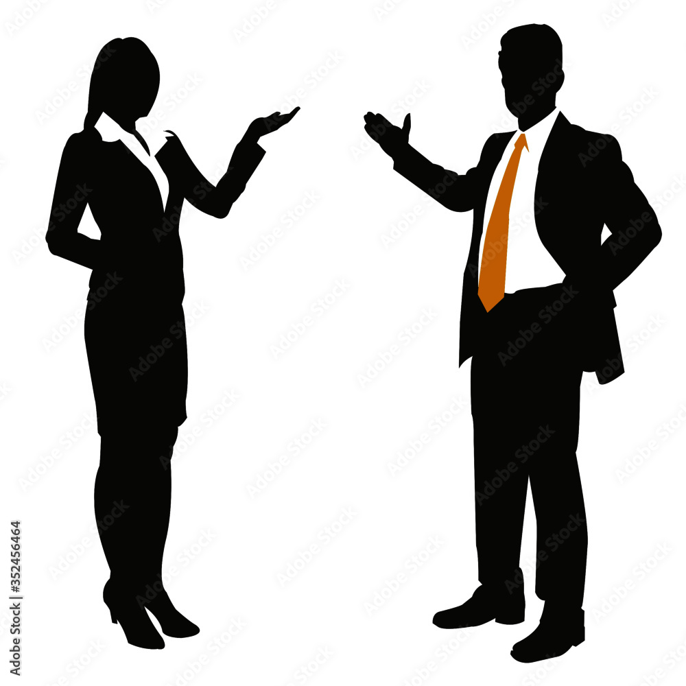 business man and woman  presentation and endorsement corporate attire silhouette vector shapes