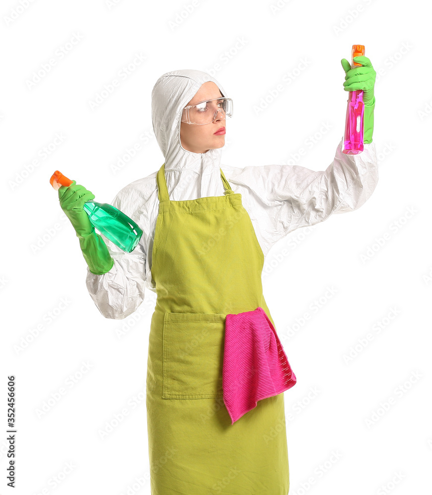 Housewife in protective costume and with cleaning supplies on white background Housewife in protective costume and with cleaning supplies on white background