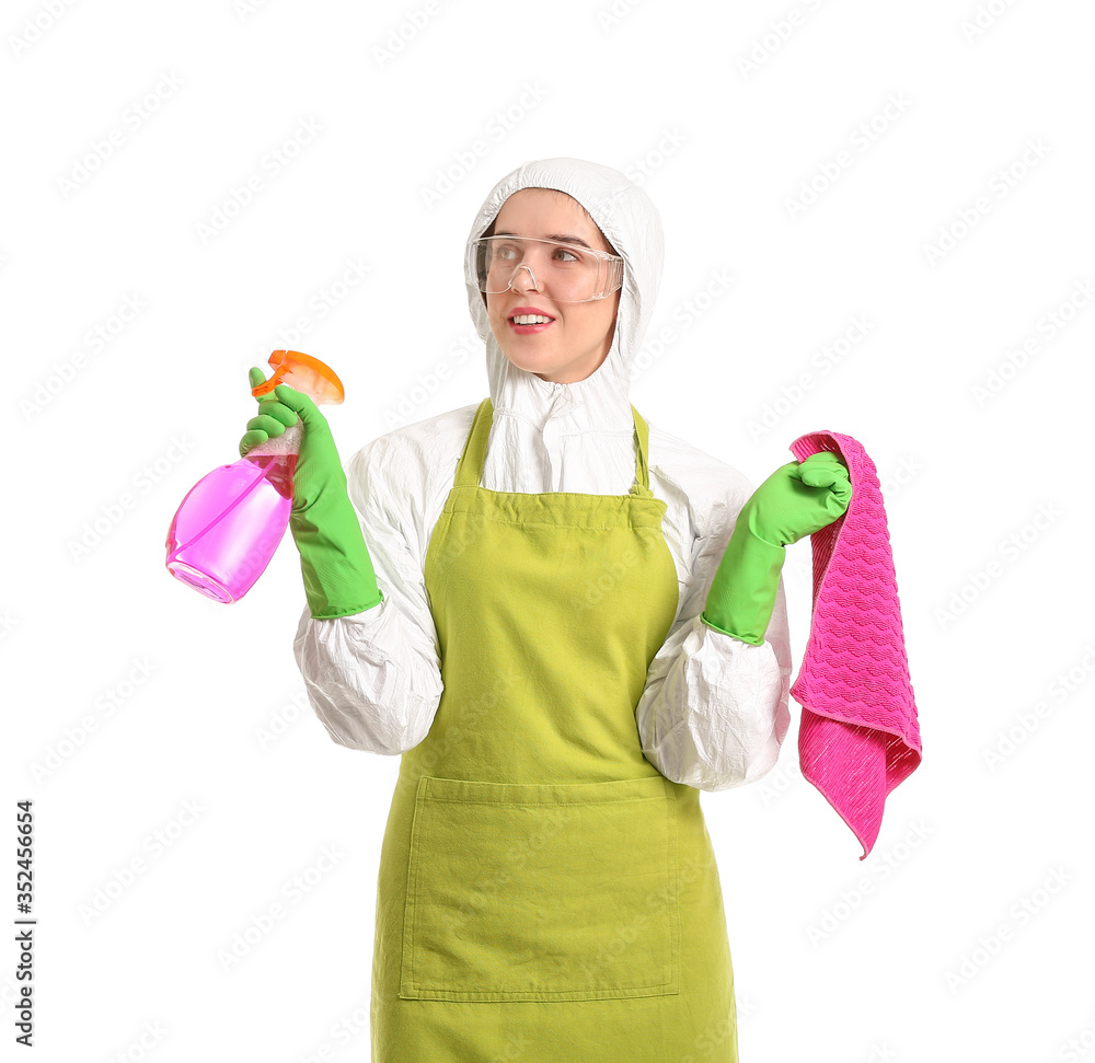 Housewife in protective costume and with cleaning supplies on white background Housewife in protective costume and with cleaning supplies on white background
