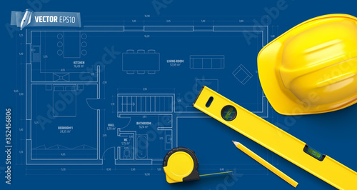 Arrière plan bleu avec outils et plan d'architecte vectoriels