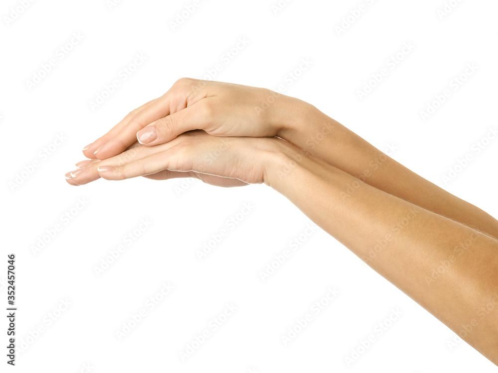 Covering and protection. Woman hand gesturing isolated on white Covering and protection. Woman hand gesturing isolated on white