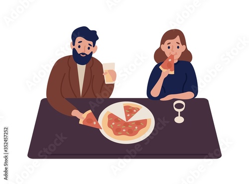 Cute couple eating tasty pizza together vector flat illustration. Colorful man and woman drink beer and wine at home or cafe isolated on white. Joyful people sitting at table with delicious food