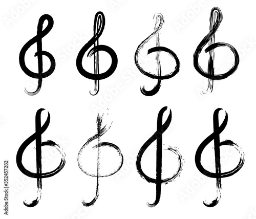 Grunge drawing black clef with brushwork. Isolated sketch of a musical note, Treble clef, Vector illustration. Set of music note doodle