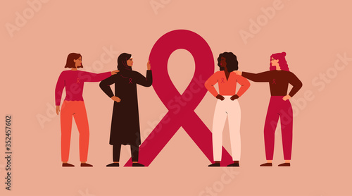 Breast cancer awareness and prevention month banner. Four women stand together near pink ribbon. The concept of support and solidarity with females fighting oncological disease. Vector illustration. photo