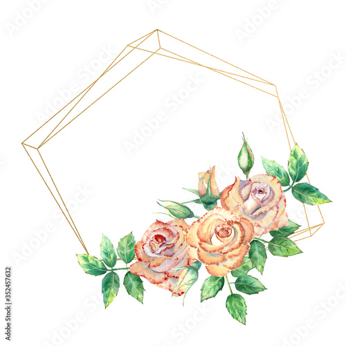 Gold geometric frame decorated with flowers. Peach roses, green leaves, open ...