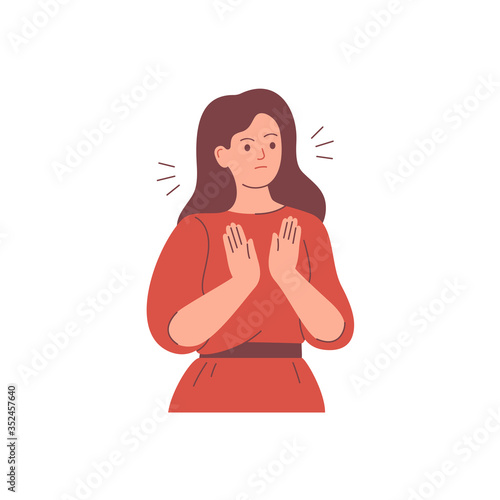 The woman says NO with gesture. The girl expresses dissatisfaction and disagreement. Body language and nonverbal communication. Vector illustration