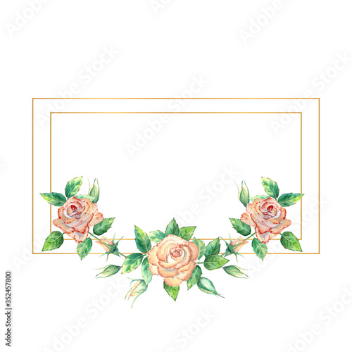 Gold geometric frame decorated with flowers. Peach roses, green leaves, open ...
