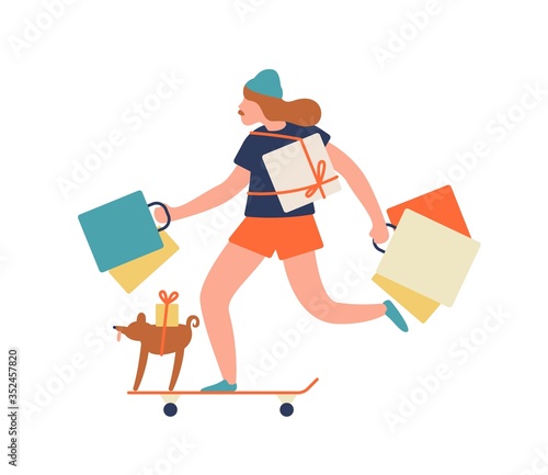 Funny hipster girl ride on skateboard hold shopping bag and gift box vector f...
