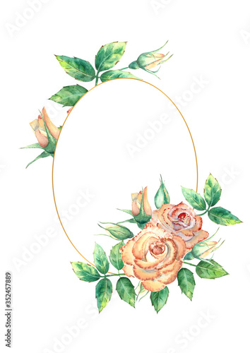 Gold geometric frame decorated with flowers. Peach roses, green leaves, open ...