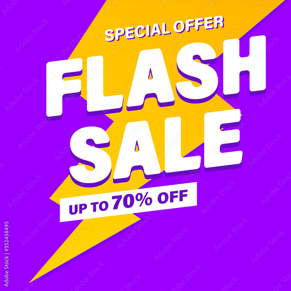 Flash Sale banner, special offer and sale. Shop now or this weekend only. Up to 50 or 60 or 70 off. Discount, mega sale. Vector illustration.