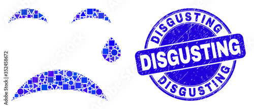 Geometric crying smiley mosaic pictogram and Disgusting seal. Blue vector round distress seal stamp with Disgusting text. Abstract mosaic of crying smiley made of spheric, triangles,