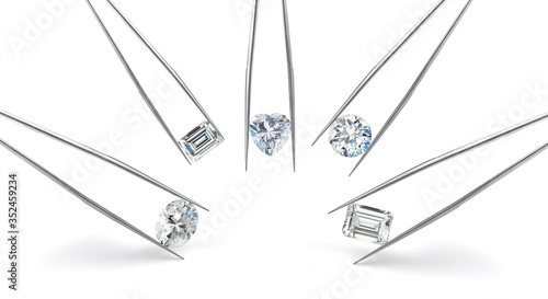 Assorted Diamond Shapes in Tweezers on White Background