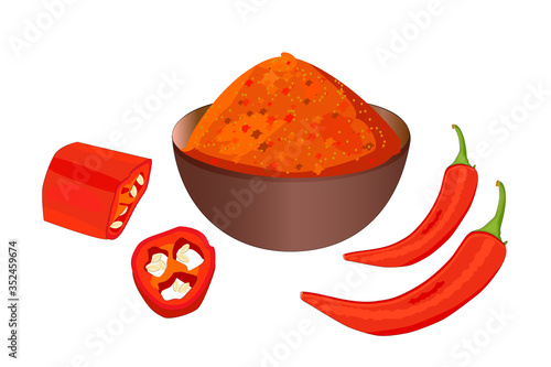 Cayenne pepper isolated on white background. Red hot chili pepper pod and bowl with powder. Culinary design elements. Spicy seasoning. Powder of spicy condiment. Organic natural plant. Stock vector