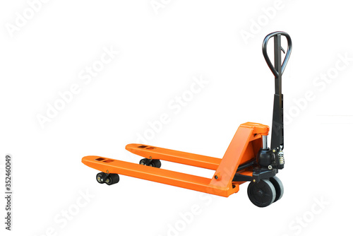 Bilde på lerret Orange hand pallet truck isolated on white background