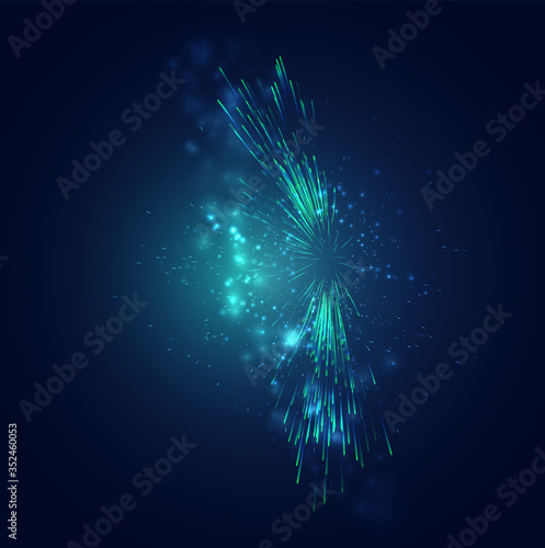 green and blue fireworks in the night sky, festive vector set of sparks and moods