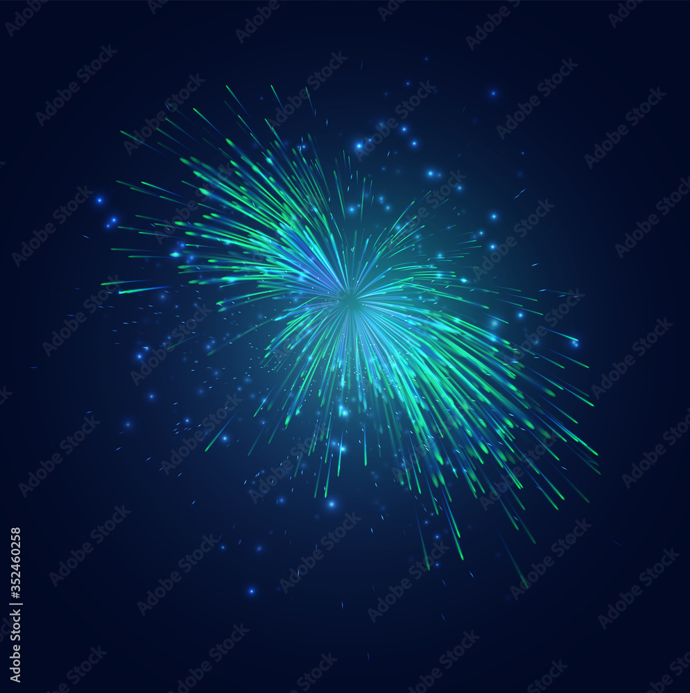 green and blue fireworks in the night sky, festive vector set of sparks and moods green and blue fireworks in the night sky, festive vector set of sparks and moods