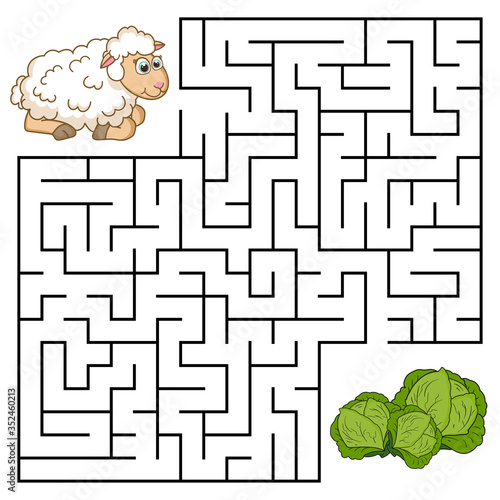 Square maze for kids with cartoon Sheep. Find right way to the Cabbage. Entry and exit. Puzzle Game with answer. Learning Labyrinth conundrum. Education worksheet. Activity page. Logic Games for kids.