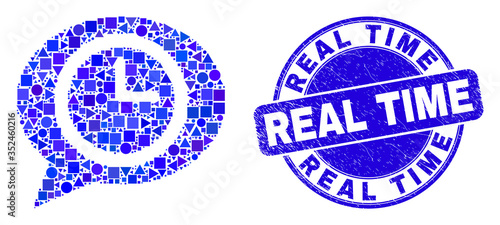 Geometric time message balloon mosaic icon and Real Time seal stamp. Blue vector rounded textured seal stamp with Real Time caption. Abstract mosaic of time message balloon organized of circle,