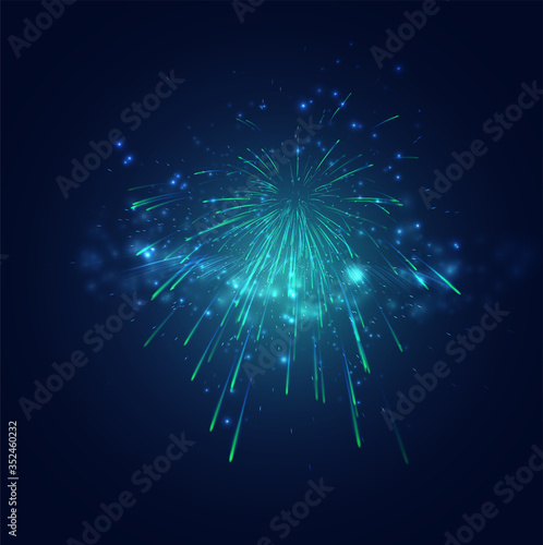 green and blue fireworks in the night sky, festive vector set of sparks and moods