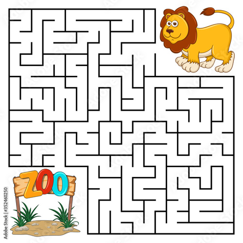 Square maze for kids with cartoon Lion. Find right way to the Zoo. Entry and exit. Puzzle Game with answer. Learning Labyrinth conundrum. Education worksheet. Activity page. Logic Games for kids.