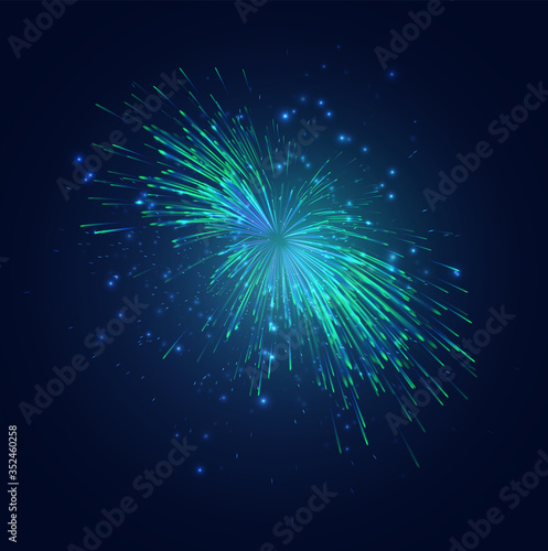 green and blue fireworks in the night sky  festive vector set of sparks and moods