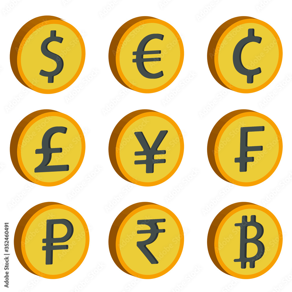 Vector image of different world currencies, nine options in volumetric style. Icons of dollar, euro, cent, pound, yen, franc, ruble, rupee, bitcoin in 3d style. Vector image of different world currencies, nine options in volumetric style. Icons of dollar, euro, cent, pound, yen, franc, ruble, rupee, bitcoin in 3d style.