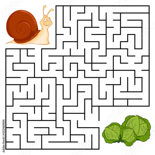 Square maze for kids with cartoon Snail. Find right way to the Cabbage. Entry and exit. Puzzle Game with answer. Learning Labyrinth conundrum. Education worksheet. Activity page. Logic Games for kids.