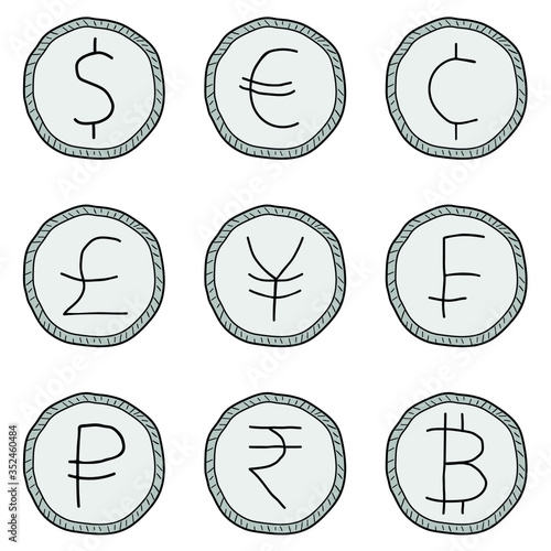 Vector image of nine world currencies, imitation of freehand drawing. Icons of dollar, euro, cent, pound, yen, franc, ruble, rupee, bitcoin in the form of silver coins.