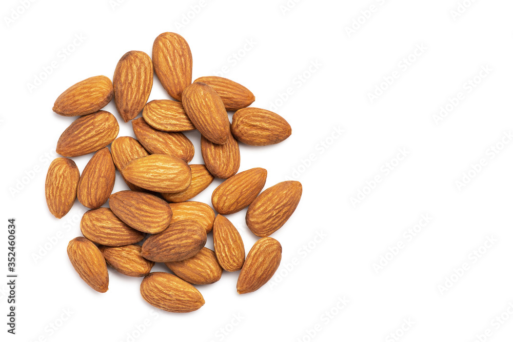 Salted almonds isolated on white background, top view, Copy space Salted almonds isolated on white background, top view, Copy space