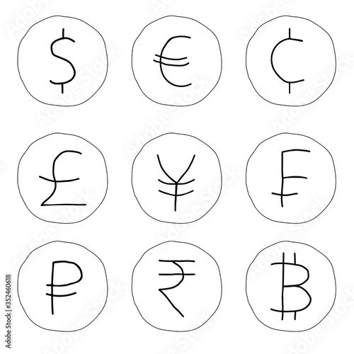 Vector image of different currencies of the world, nine options for illustrations of imitation freehand drawing. Icons of dollar, euro, cent, pound, yen, franc, ruble, rupee, bitcoin in a sloppy style