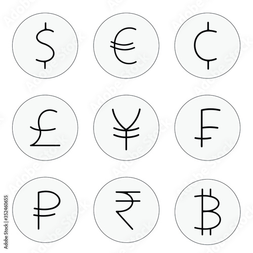 Vector image of nine world currencies. Icons of dollar, euro, cent, pound, yen, franc, ruble, rupee, bitcoin. Gray icons with a black outline and black symbols. Flat rounded coins.