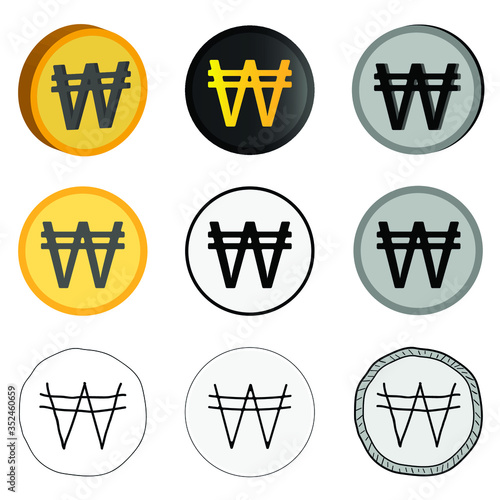 Vector illustration of South Korean currency, nine won options in vector. South Korean Won icons in different styles.