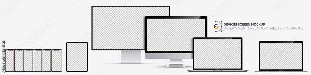 Device screens mockup. Display, Monitor, Laptop pro and thin, tablet and smartphone all colors with blank screens for you design. Realistic vector illustration EPS10 Device screens mockup. Display, Monitor, Laptop pro and thin, tablet and smartphone all colors with blank screens for you design. Realistic vector illustration EPS10