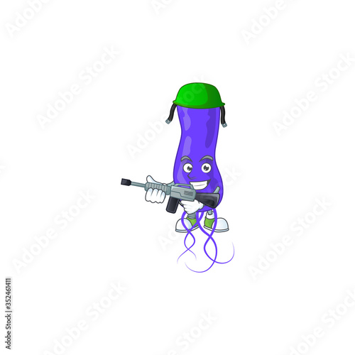 A mascot design picture of blue spirila as a dedicated Army using automatic gun photo