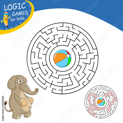Colorful Round Maze. Labyrinth conundrum with funny character Elephant. Find the right path. Logic Games for kids with Answer. Education worksheet. Activity page. Puzzle for children. Cartoon style.