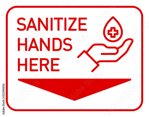 navigation icon indicating the location of the wall dispenser with sanitizer for disinfection hands prevention from coronavirus covid 19, sanitize hands here with drop of antiseptic in palm hand icon