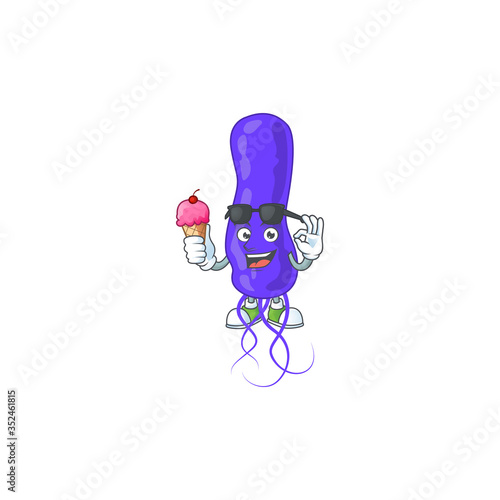 Happy face of blue spirila cartoon mascot having an ice cream