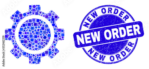 Geometric gear mosaic icon and New Order watermark. Blue vector round distress watermark with New Order phrase. Abstract mosaic of gear done of round, tringle, square geometric spots.