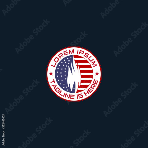 Fire department badge design with an American flag background.