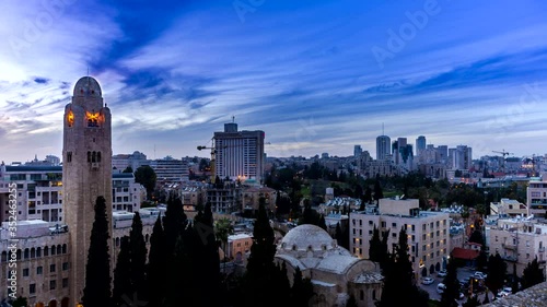 Sunset time lapse of the YMCA building and the West Jerusalem, Israel photo