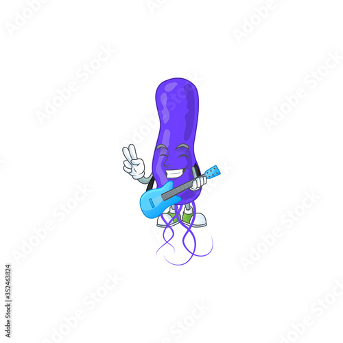 Blue spirila cartoon character style plays music with a guitar