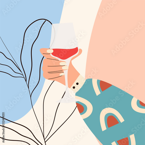 Female hand holding glass of wine. Woman's hand in bright clothes with memphis pattern holding glass. Alcohol drink. Concept of wine lover. Picture on abstract background. Flat vector illustration