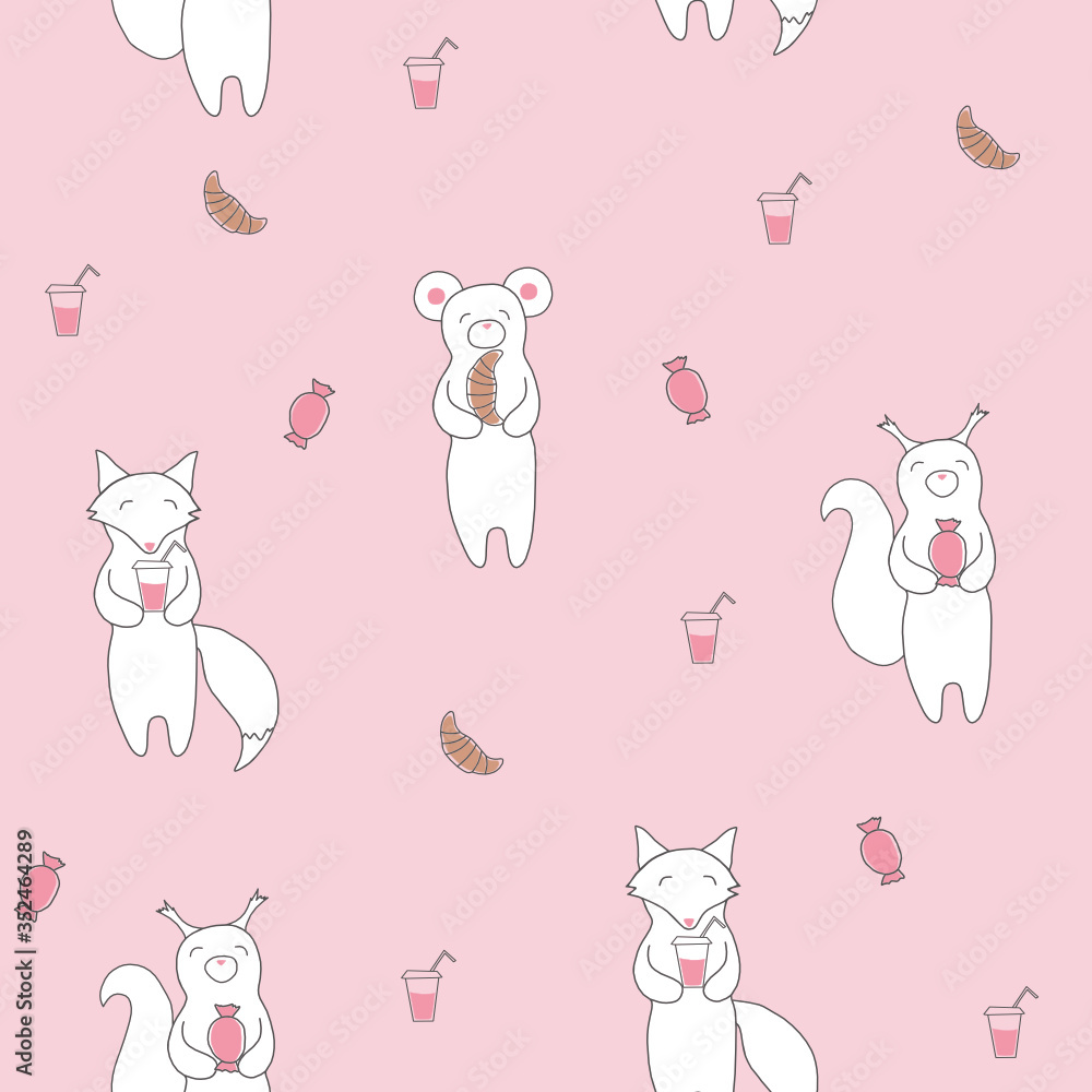 Vector seamless pattern with baby animals and sweets. Pastel colours background