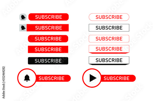 Subscribe, bell button set. Red button subscribe to channel, blog. social media. Marketing vector illustration