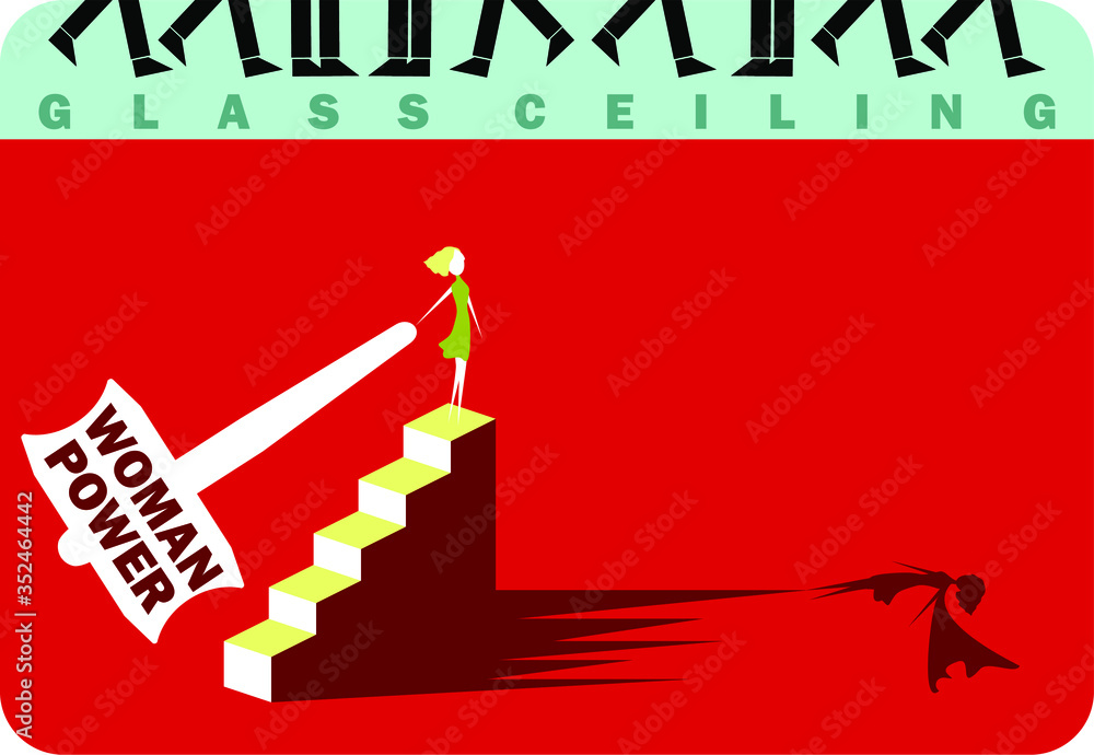 Girl, business woman standing on top of a ladder with a hammer, woman power. Breaking glass