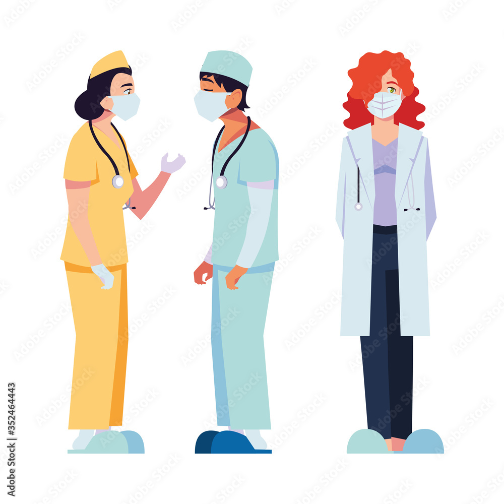 female and male doctors with uniforms and masks vector design female and male doctors with uniforms and masks vector design