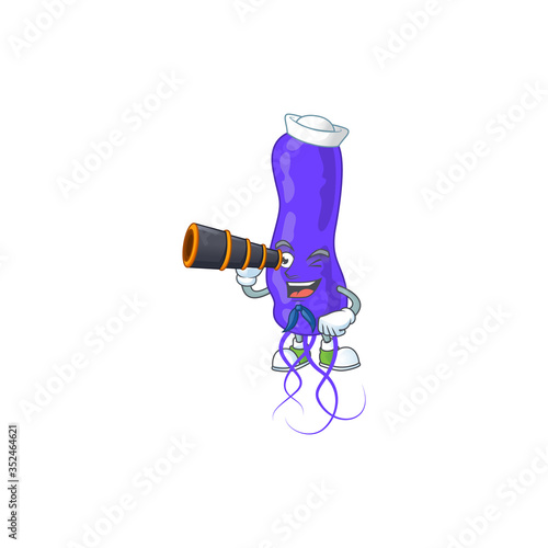 cartoon picture of blue spirila in Sailor character using a binocular photo