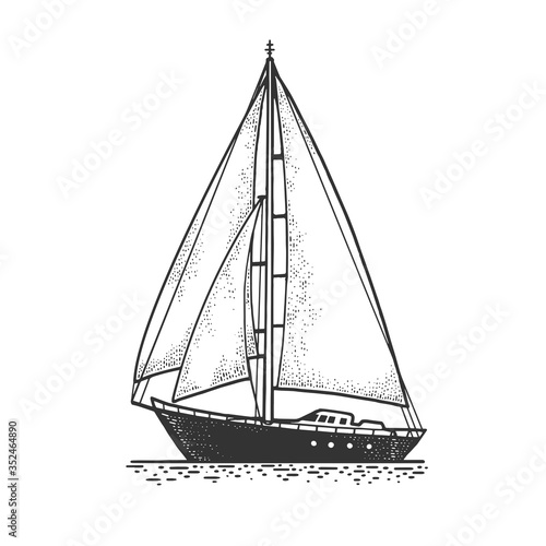 sailing yacht boat sketch engraving vector illustration. T-shirt apparel print design. Scratch board imitation. Black and white hand drawn image.